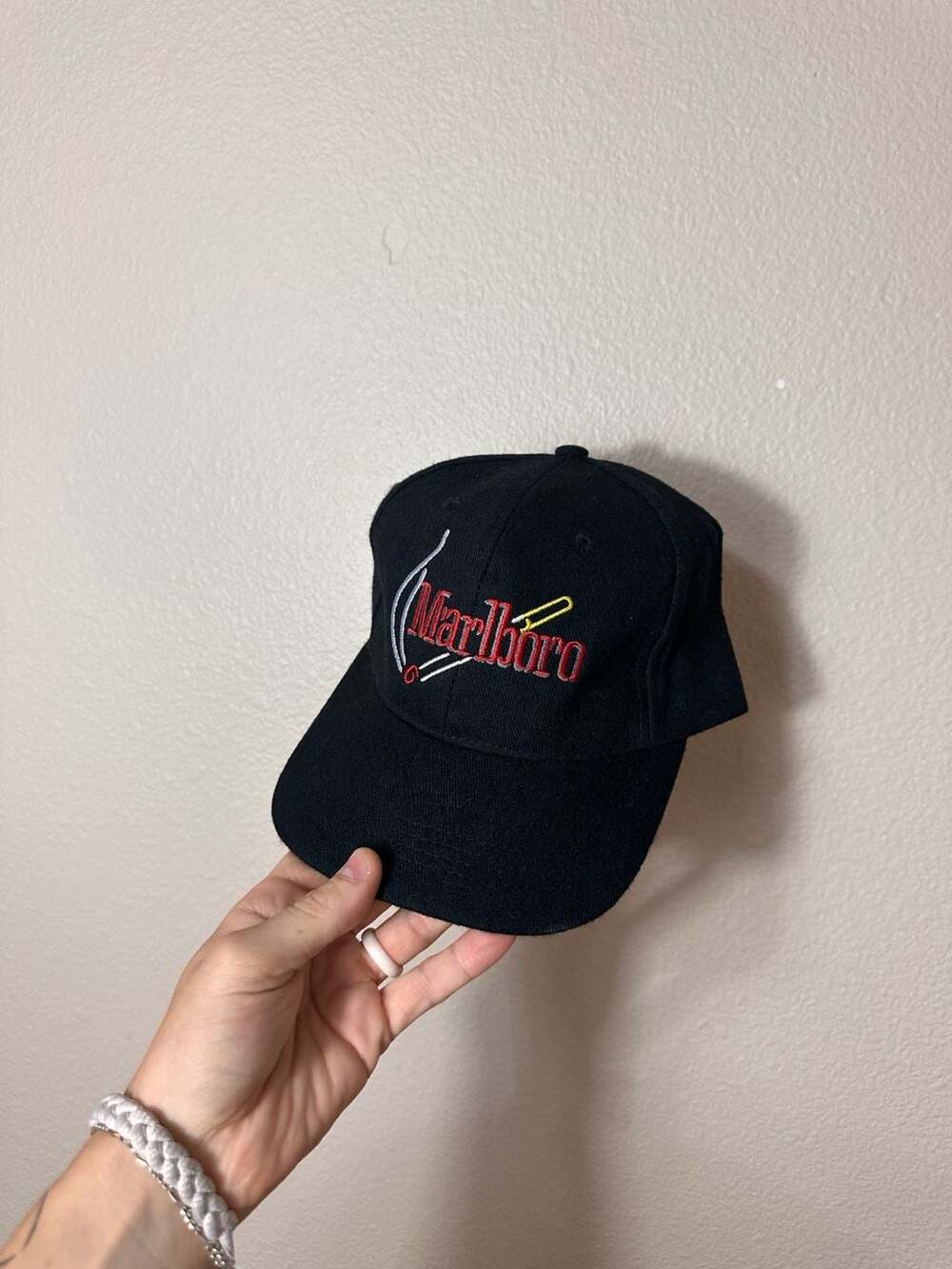 Vintage 90s Marlboro Embroidered Cigarette Logo Black Strapback Hat